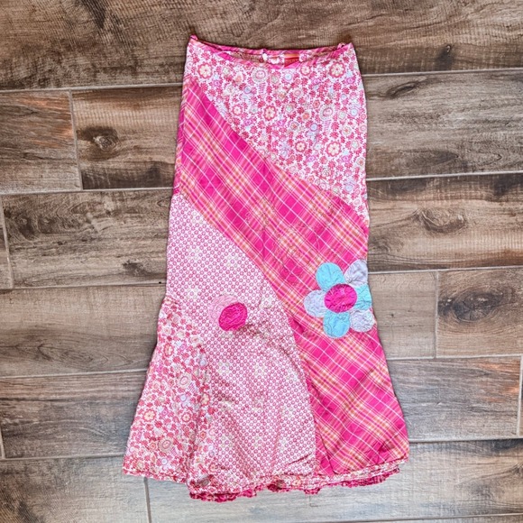 Oilily Dresses & Skirts - Oilily Women's Vintage Patchwork Floral Applique Plaid Ruffle Maxi Skirt,Pink,34